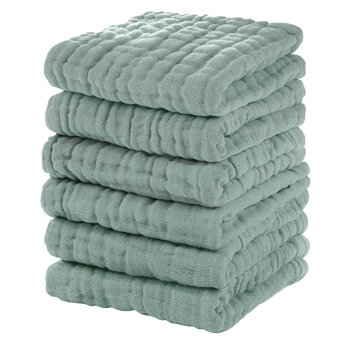 Muslin Baby Washcloths 6 Pack, 100% Cotton Wash Cloths for Babies, Large 12''X12'' Burp Cloths Absorbent and Soft for Newborn Infants Kids Boys Girls - Dark Green