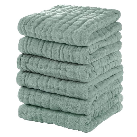 Muslin Baby Washcloths 6 Pack, 100% Cotton Wash Cloths for Babies, Large 12''X12'' Burp Cloths Absorbent and Soft for Newborn Infants Kids Boys Girls - Dark Green