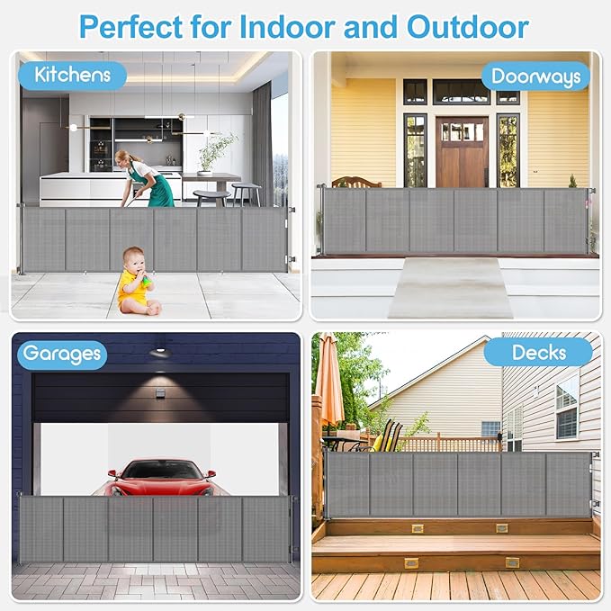 Upgrade 150 inch Retractable Baby Gates, EZIGO Extra Wide Baby Gate for Large Opening Extra Long Mesh Gate for Kids or Pet Dog Gate Child Safety Gate for Stairs Hallways Doorway Indoor Outdoor, Gray