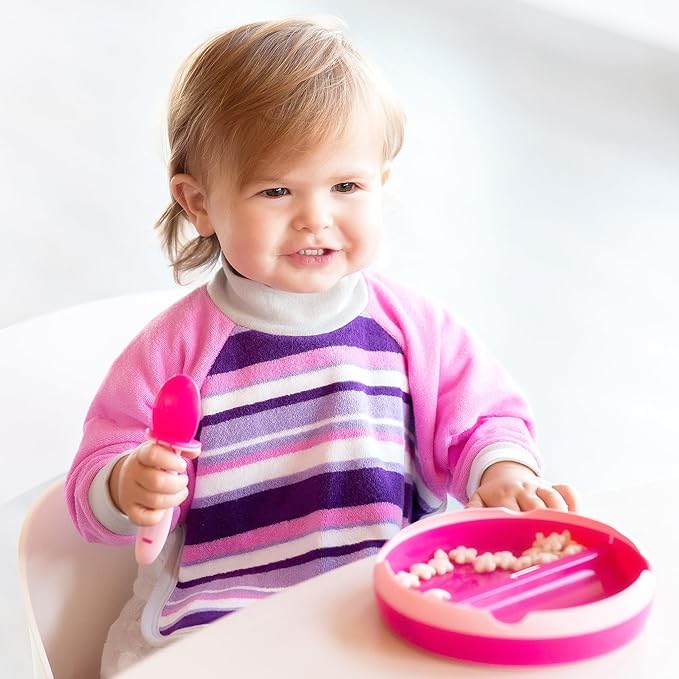 Kiddologic Bibit-all Baby Feeding Bib, Long Sleeves, Ribbed Cuffs, High Collar, Stretchy Pullover Smock, Soft Absorbent Terry, Waterproof Lining, Toddler Girl 12-36 Months, Wild Orchid (Pink) Stripe