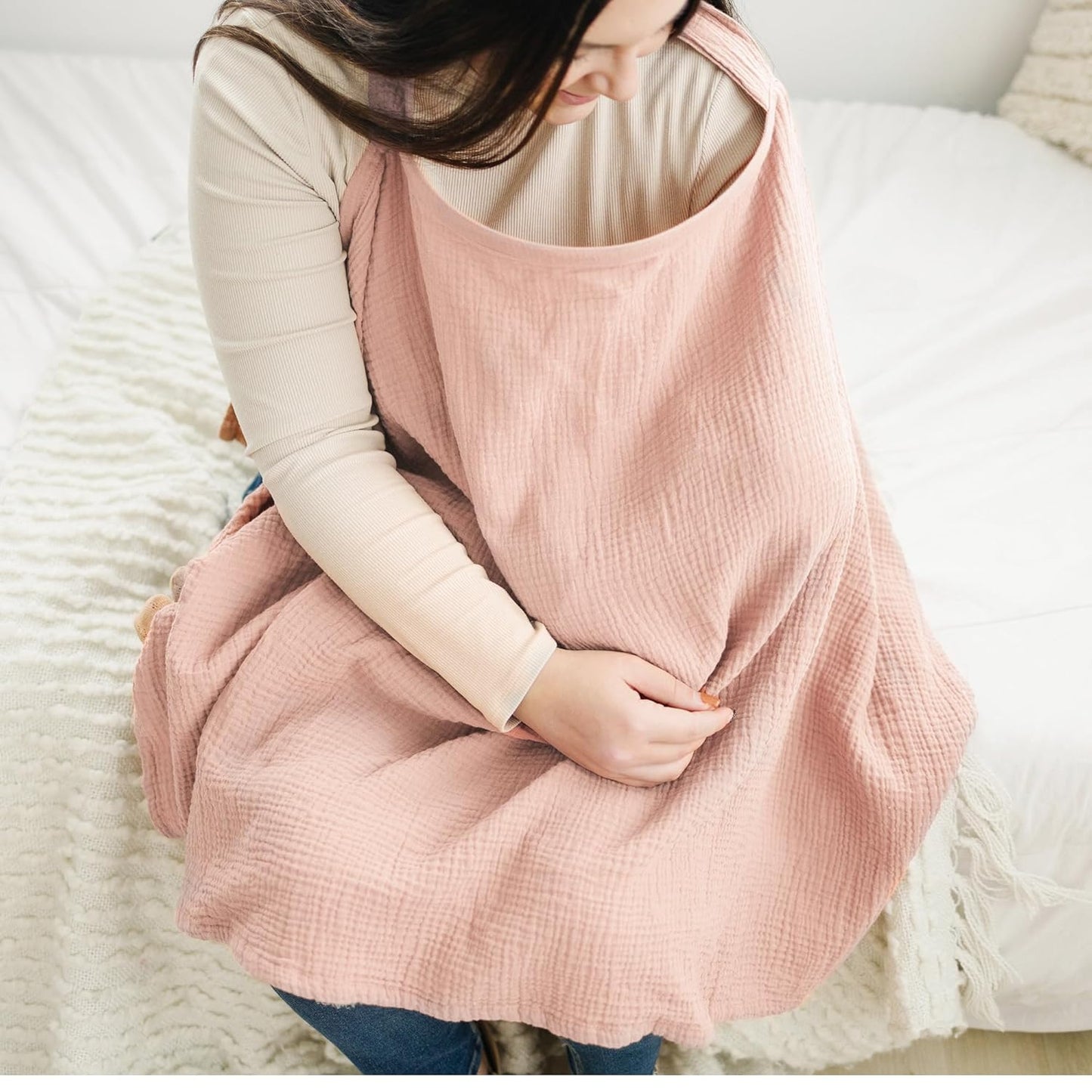 Konssy Muslin Nursing Cover for Baby Breastfeeding, Breathable 100% Cotton Breastfeeding Cover with Rigid Hoop for Mother Nursing Apron, Multi-use Carseat Canopy (Pink)