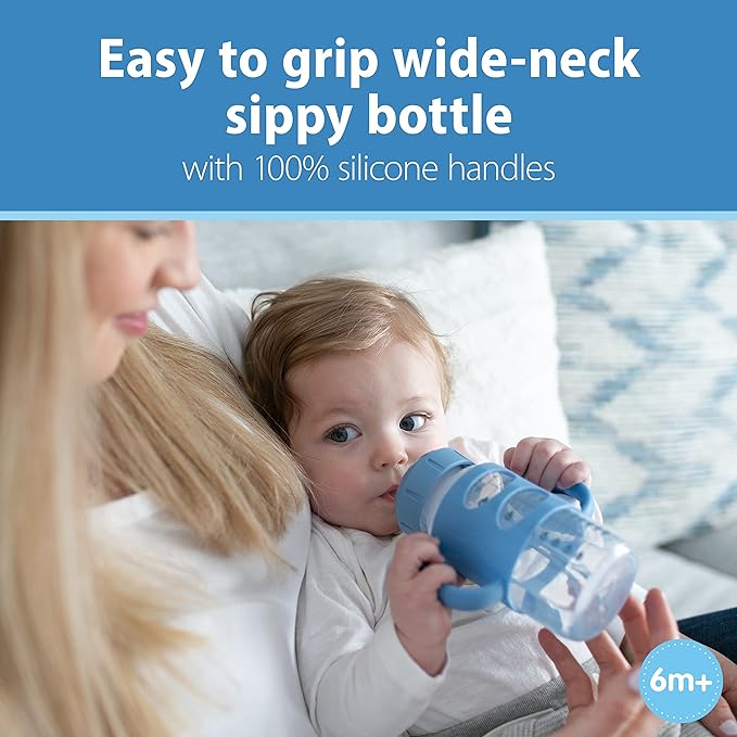 Dr. Brown's Milestones Wide-Neck Sippy Spout Bottle with 100% Silicone Handles, Easy-Grip Handles with Soft Sippy Spout, 9oz/270mL, Light-Blue, 1-Pack, 6m+
