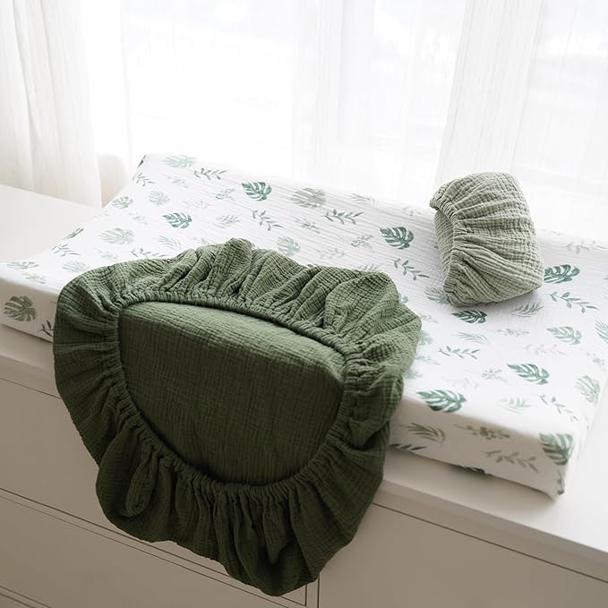 3 Pack Muslin Changing Pad Covers for Girl, Boy, 100% Soft Cotton Changing Table Cover, Breathable Baby Nursery Diaper Chang Pad Sheets (Leaf)