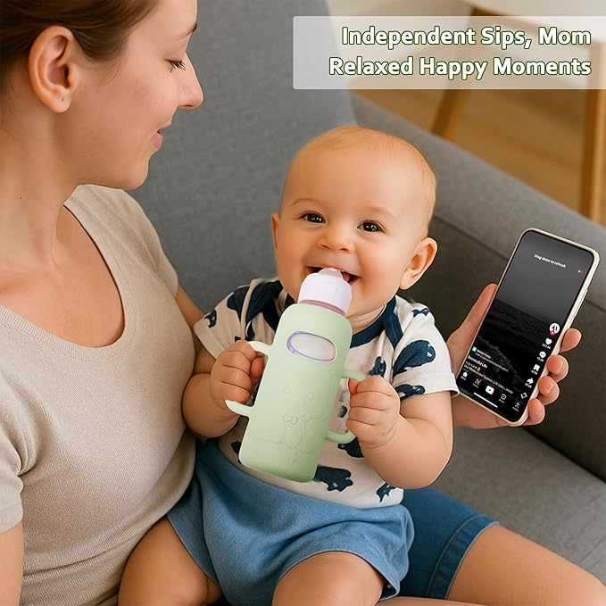 KingKam 4 Pack Silicone Sleeves for Dr. Brown's Glass Baby Bottles, Drop Protection Easy-Grip Baby Bottle Sleeves Holder with Handles, Compatible with Dr. Brown's Narrow Glass Bottles 8oz