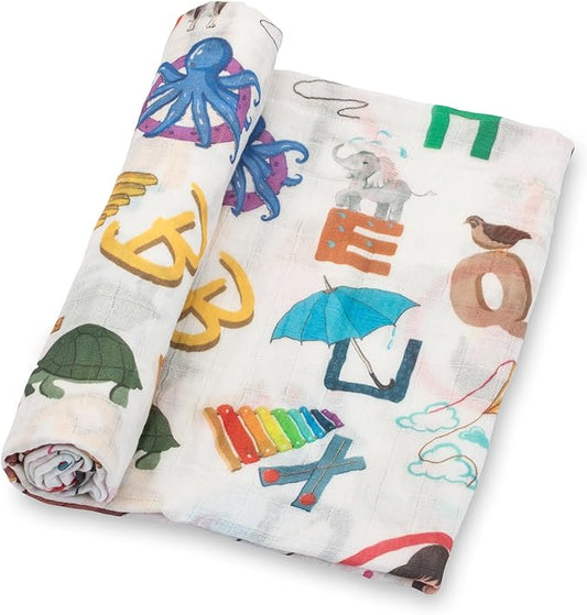 LollyBanks Swaddle Blanket - 100% Cotton Muslin, Neutral 47 x 47 Inches, Baby Blanket for Boys & Girls, Registry (Alphabet Print)
