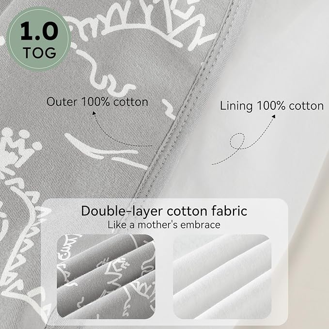 Baby Sleep Sack 12-18 Months 1.0 Tog Baby Wearable Blanket 100% Cotton Sleeping Sack with 2-Way Zipper for Toddler Infant Gray White Dinosaur