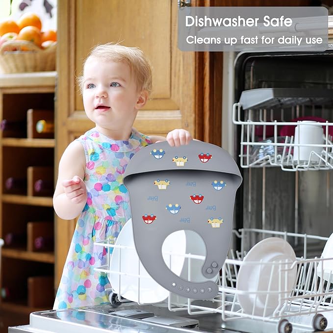 2 Pack Silicone Baby Bibs Adjustable Fit Waterproof Bib With Leak Proof Food Pouch Catcher for Eating Boys Girls