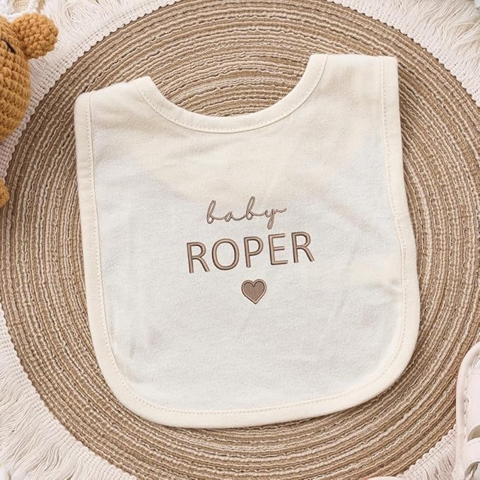 COUPLEHOODIES Custom Baby Name Embroidered Bib – Cotton Feeding Bib with Heart Stitch Design, Gift for Newborn or Baby Shower