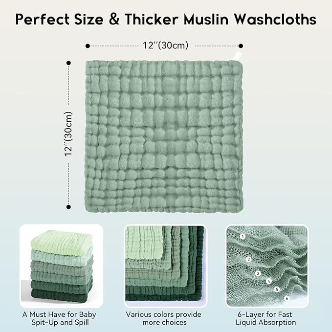 Muslin Baby Washcloths 6 Pack, 100% Cotton Wash Cloths for Babies, Large 12''X12'' Burp Cloths Absorbent and Soft for Newborn Infants Kids Boys Girls - Gradient Green