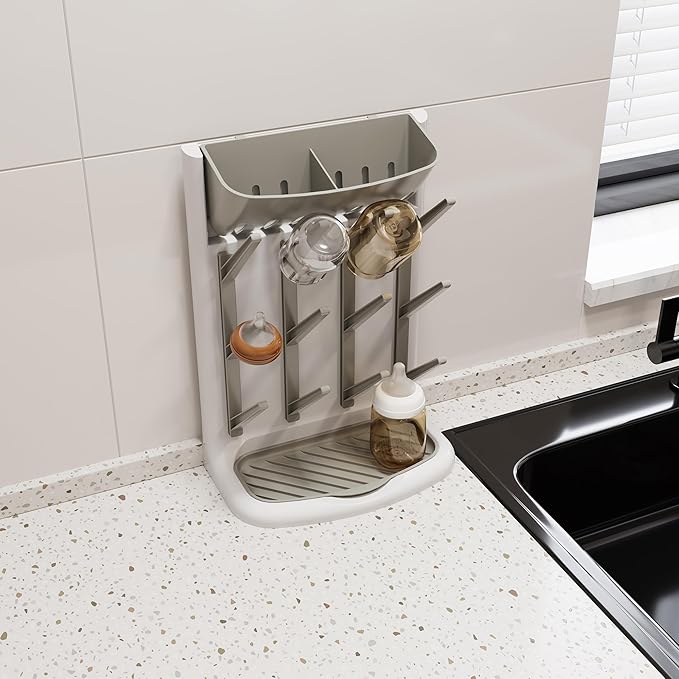 IEEK Baby Bottle Drying Rack,Space Saving Countertop Drying Rack for Baby Accessory & Pump Parts,Suction Cup Wall Mounted Bottle Rack Holder Large Vertical Drying Tower,Grey and White