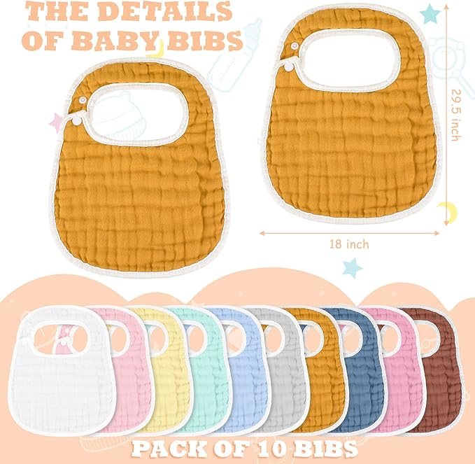 Loopeer 10 Pcs Snap Muslin Bibs soft Baby Bibs for Boy Girl Infants Newborns for Teething Drooling(Colorful)