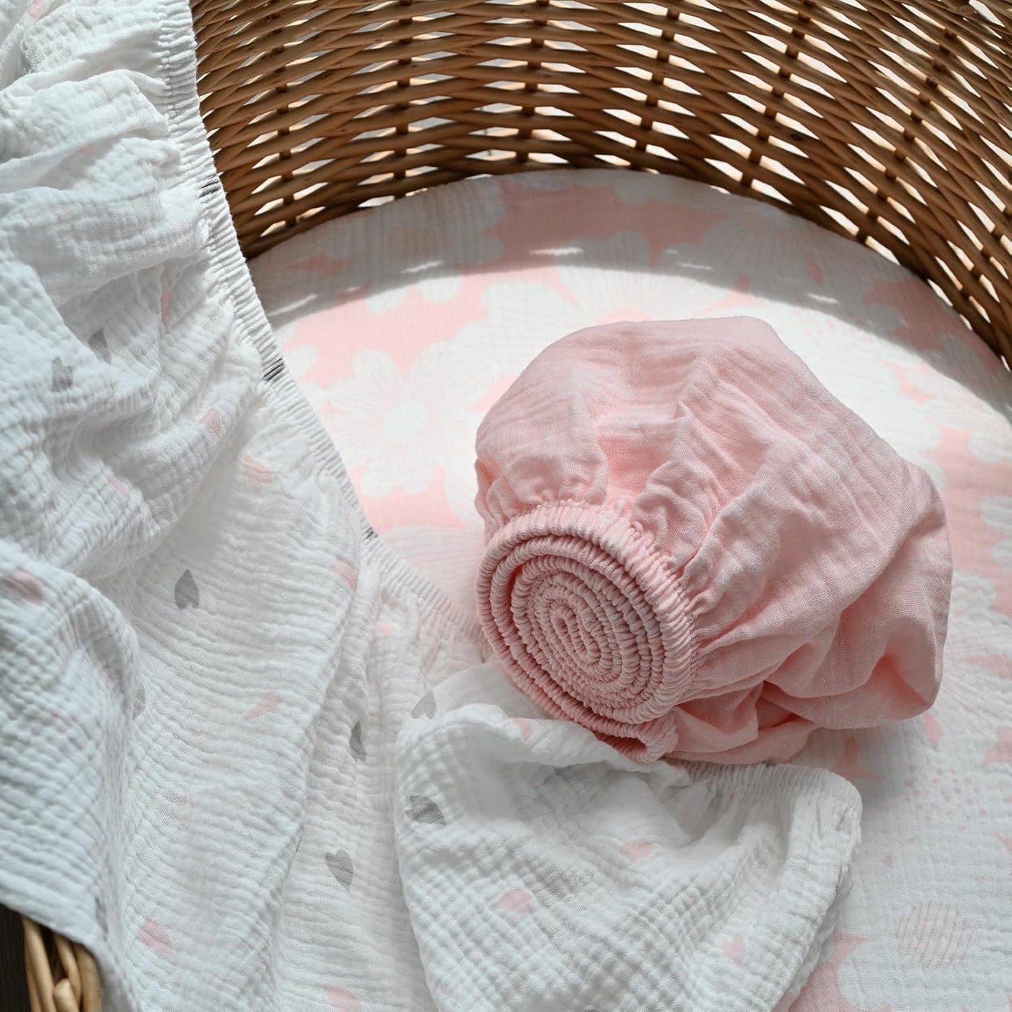 Gllquen Baby Muslin Bassinet Sheets 3 Pack, Breathable Elastic Cozy Fitted Cotton Bassinet Mattress Sheet for Baby Boy Girls, Fit for Hourglass Oval Rectangular Cradle Pad Sheets 33"x17" (Pink)