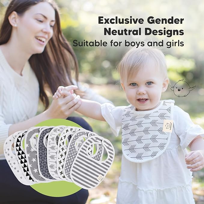 8-Pack Organic Baby Bibs for Boys, Girls - Soft Cotton Drooling and Teething Bibs for Baby Girl & Boy, Extra Absorbent, Easy To Clean & Put On for Toddler, Newborn, Infant 0-24 Months (Grayscape)