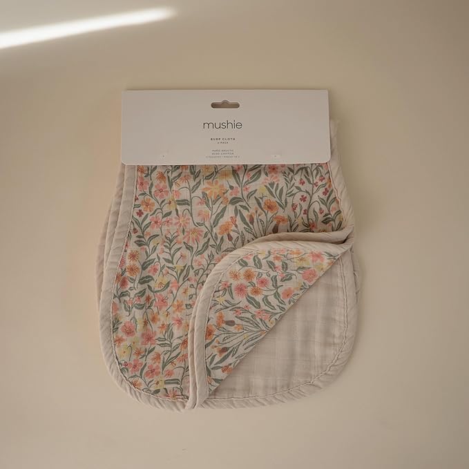 mushie Muslin Baby Burp Cloths | 100% Organic Cotton, Set of 2 (Pastel Blooms/Fog)