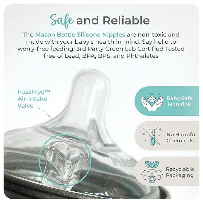 Mason Bottle Medium Flow Nipples (3–6 Months) – Silicone Baby Bottle Nipples, Fits Any Regular-Mouth Mason Jars – Wide Natural Shape, BPA-Free, Non-Toxic, Made in USA (2-Pack)