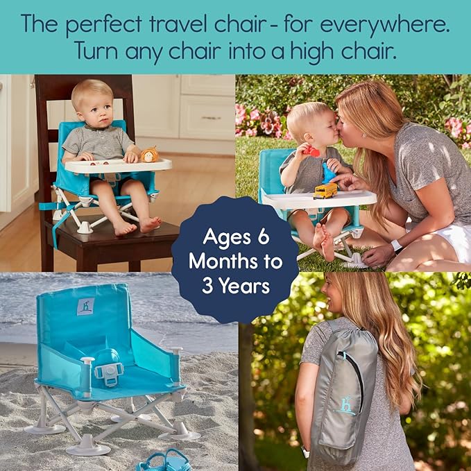 Hiccapop OmniBoost Travel Booster Seat with Tray for Baby | Folding Portable Seat for Dining Table, Camping, Beach, Grandma’s | Tip-Free Design Straps to Kitchen Chairs