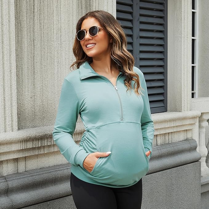 GINKANA Maternity Women's Long Sleeve Shirt Half Zipper Lapel Lightweight Casual Maternity Pullover with Pockets