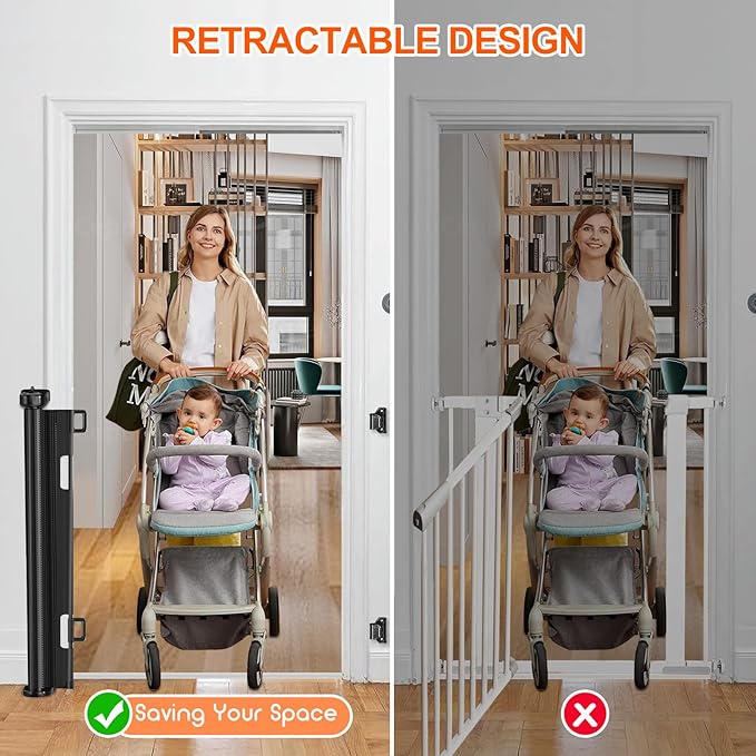 55 inch Retractable Baby Gates, EZIGO Extra Wide Baby Gate for Large Opening Extra Long Mesh Gate for Kids or Pet Dog Gate Child Safety Gate for Stairs Hallways Doorway Indoor Outdoor, Black
