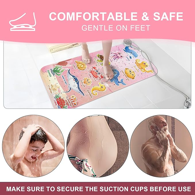 XIYUNTE Baby Bath Mat for Tub Non Slip Kids Bath Mat - 40"x16" Extra Long Bathtub Mat Non Slip Kids, Eco-Friendly Toddler Bath Mats with Suction Cups for Secure Grip, Easy to Clean & Easy Drying