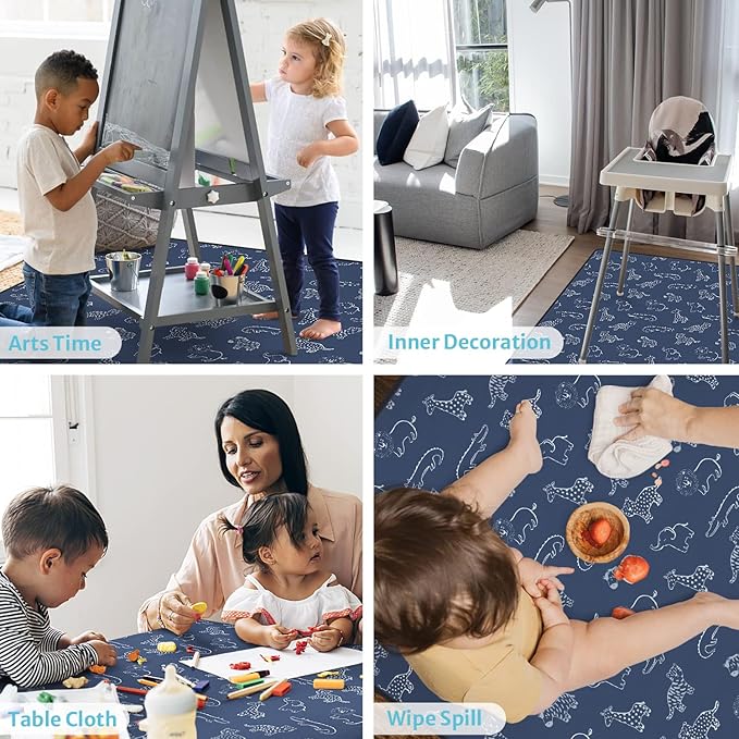 Blissful Diary Baby Splat Mat for Under High Chair, 50.4 x 50.4 Inch Wipeable Splash Mat, Waterproof and Washable, Anti-Slip Floor Protector, Safari Animals