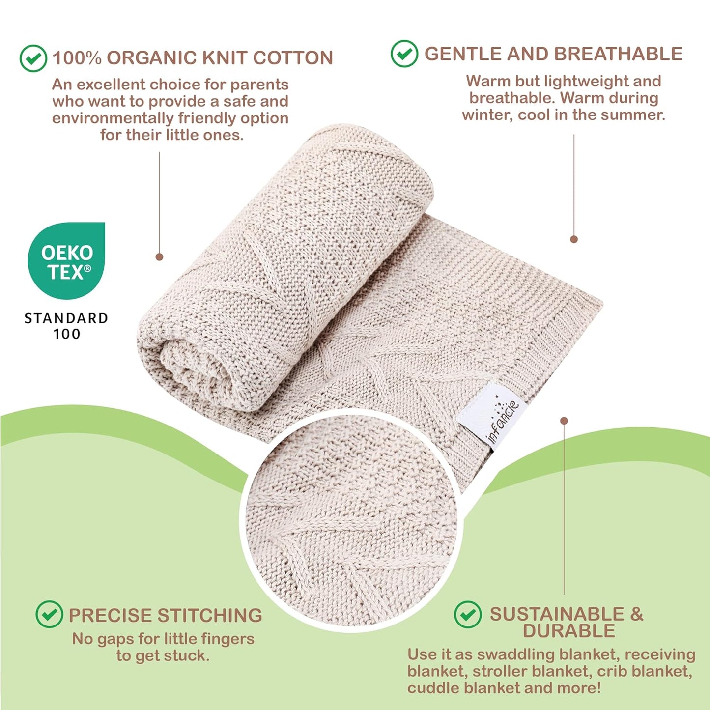 Organic Cotton Baby Blanket - 31.5 x 43.3 Inches, Soft Knitted Crib Blanket for Boys & Girls, Breathable Design (Beige)