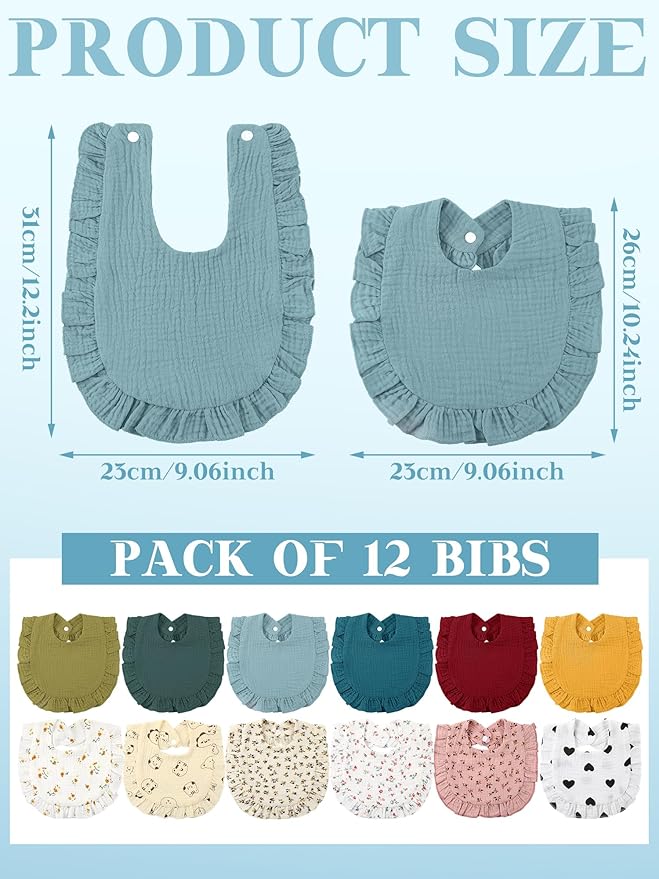 Geyoga 12 Pack Muslin Baby Bibs Adjustable Bandana Drool Bib for Unisex Cotton for Infants Boys Girls Teething