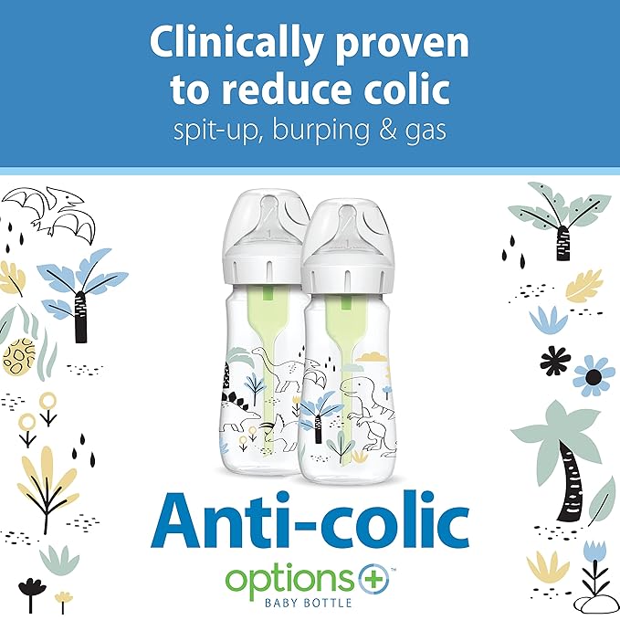 Dr. Brown's Natural Flow® Anti-Colic Options+™ Wide-Neck Baby Bottle Designer Edition Bottles, Dino Decos, 9oz/270mL, Level 1 Nipple, 2-Pack, 0m+