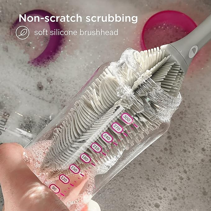Smilo Silicone Baby Bottle Brush - Soft Touch Baby Bottle Cleaner with Flexible Twin Tip to get Cups, Glasses and Baby Bottles Extra Clean - Food-Grade Silicone, Dishwasher Safe & BPA-Free - Pink