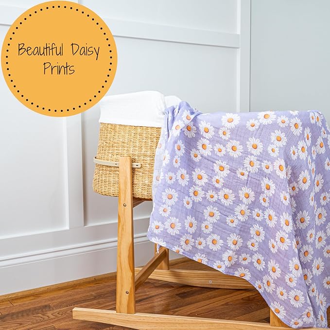 LollyBanks Baby Blanket, 100% Cotton Muslin Swaddle Blanket, Soft Baby Girl Blanket 47 x 47 Inches, Nursery Swaddling Blankets for Girls, Baby Essentials, Registry (Daisy Print)