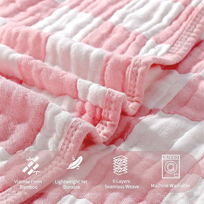 Ultra-Soft Muslin Baby Blanket - Swaddle & Crib for Girls, Pink Checkered (1-Pack)