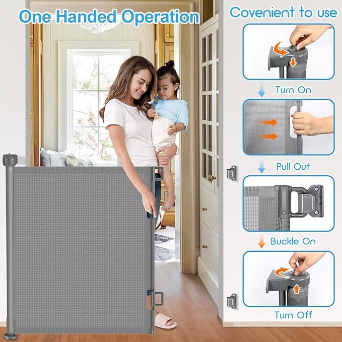 71 inch Retractable Baby Gates, EZIGO Extra Wide Baby Gate for Large Opening Extra Long Mesh Gate for Kids or Pet Dog Gate Child Safety Gate for Stairs Hallways Doorway Indoor Outdoor, Gray