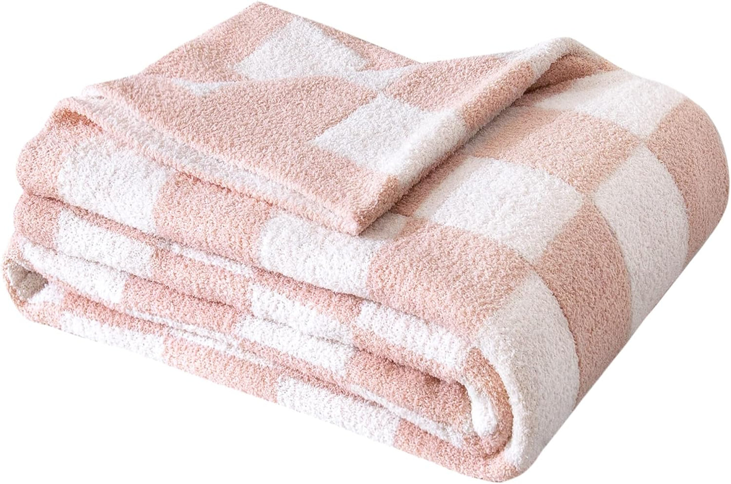 SeaRoomy Checkered Blanket, Ultra Soft Cozy Knit Throw Blanket Queen Size, Warm Fluffy Reversible Lightweight Checkerboard Knitted Blanket for All Seasons Pink Decor(Light Pink, 90"×90")