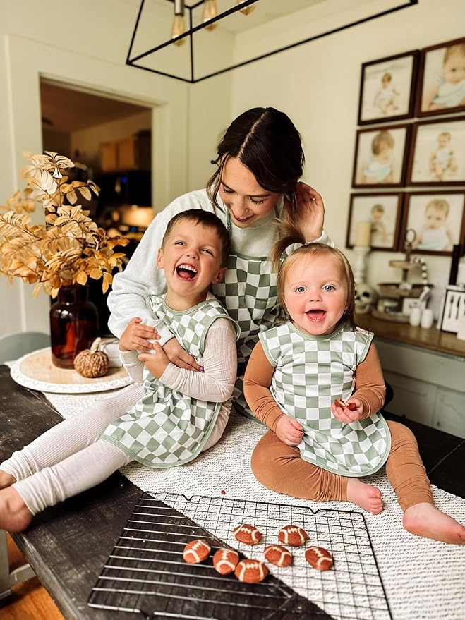 BapronBaby Sage Checkerboard Bapron - No Neck Tie Safer Bib for Baby & Toddler - Soft Waterproof Stain Resistant - Machine Washable - Sz Preschool 3-5yrs