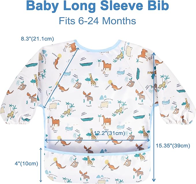 Long Sleeve Baby Bib For Eating Feeding Mess Proof Waterproof Food Smock Bibs With Pocket For Newborn Boy Girl