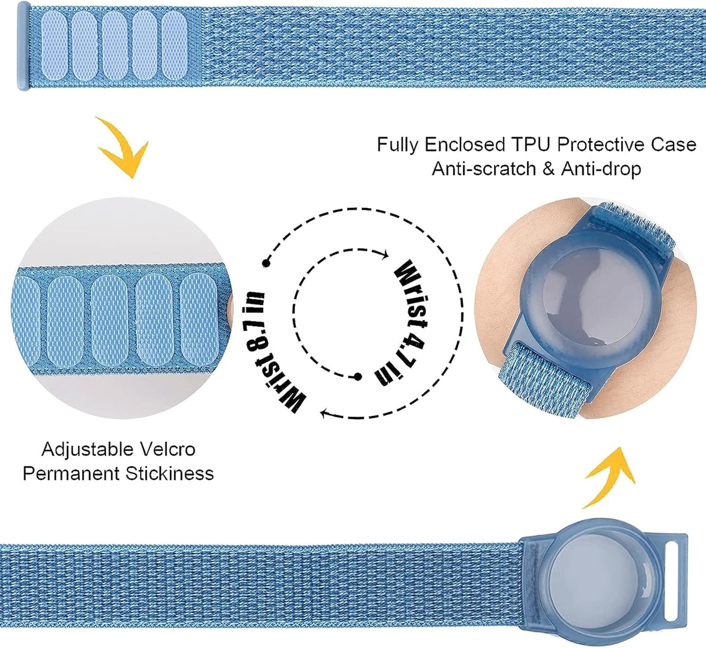 2 Pack AirTag Bracelet for Kids, Apple Air Tag Protective Cover with Nylon Wristband, Anti Lost GPS Trackers Case Cover Elastic Watch Band for Toddlers Girls Boys Elders (Light Rainbow,Blue)