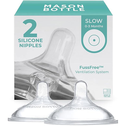 Mason Bottle Slow Flow Nipples (0–3 Months) – Silicone Baby Bottle Nipples, Fits Any Regular-Mouth Mason Jars – Wide Natural Shape, BPA-Free, Non-Toxic, Made in USA (2-Pack)