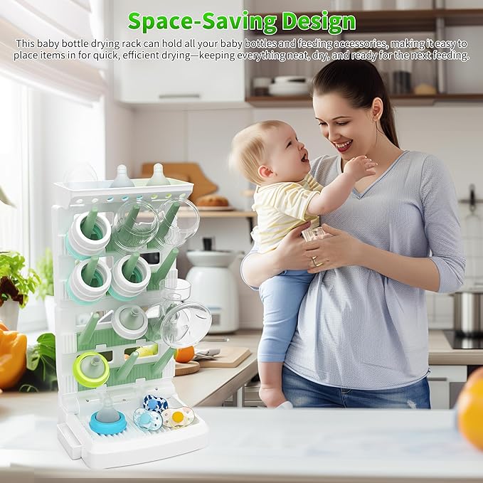 Baby Bottle Drying Rack for 12 Bottles, Space Saving Countertop Vertical Standing Bottle Dryer Rack for Baby Accessories & Pump Parts （Large White&Green）