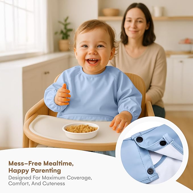 CHILDLIKE BEHAVIOR Baby Smock Bib - Waterproof Travel Buddy, Mess-Proof Feeding - Long Sleeves, Gentle Closure- Two-Layer