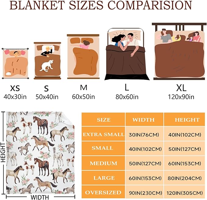 Horse Rose Blanket for Baby Girls Flowers Throw Blanket for Boys, Lightweight Cute Horses Soft Flannel Blankets for Kids Gifts, 30x40 Inches