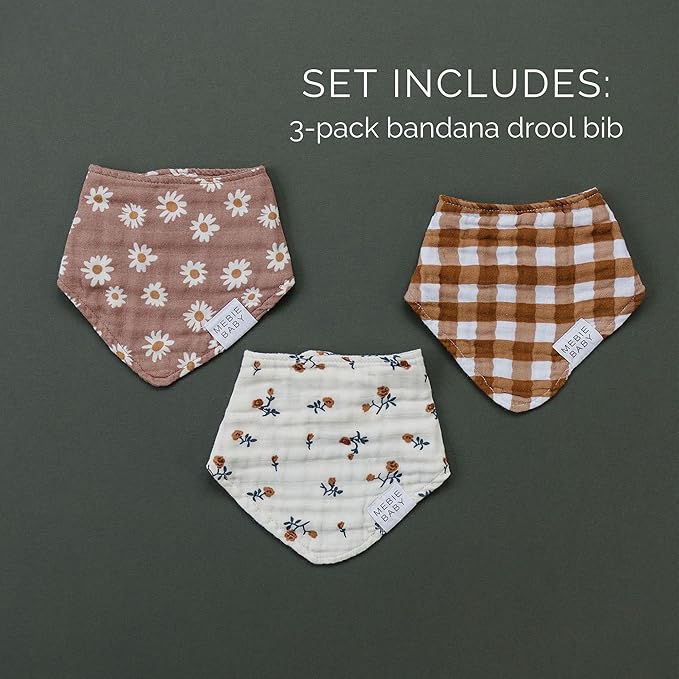 Mebie Baby Muslin Cotton Bib, 3 pack, Baby Bib Set for Burp, Spit Up, Drool, Bandana Bibs for Baby Boy or Baby Girl