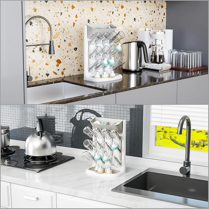 Yieach Larger Vertical Baby Bottle Drying Rack - BPA Free - Space Saving Feeding Bottles Drying Rack Holder for Countertop,Baby Bottle Holder Storage Station for Pacifiers,Pump Accessories Stand,Grey