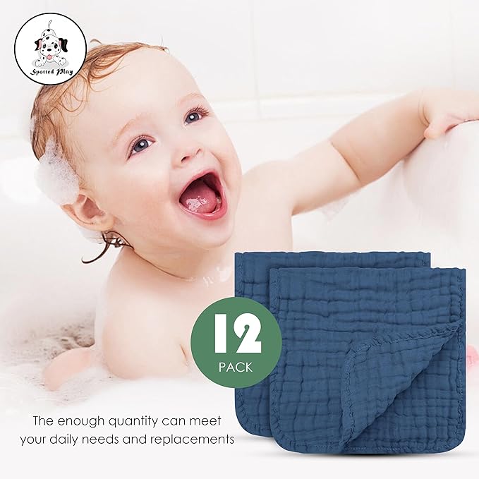 Muslin Burp Cloths 100% Cotton Large 20''x10'' Extra Soft and Absorbent Baby Wash Cloths Spit Up Rags - Baby Burping Cloth for Boys Girls Items(12 Pack Navy Blue)