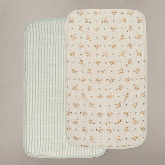 Oilo Burp Cloth 2-Pack Set, Large (12" X 22"), Organic Premium Cotton 4-Way Muslin, Luxuriously Soft, Super Absorbent, & Durable, Machine Washable, Dainty Floral & Sea Moss Sage Green Stripe