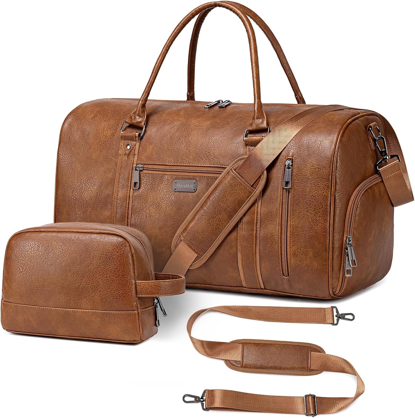 Large Leather Duffel Bag for Travel, Weekender Bag for Men or Women with Shoe Compartment, Waterproof Carry On Bag with Toiletry Bag, Travel Tote Bag with Luggage Strap (Brown)