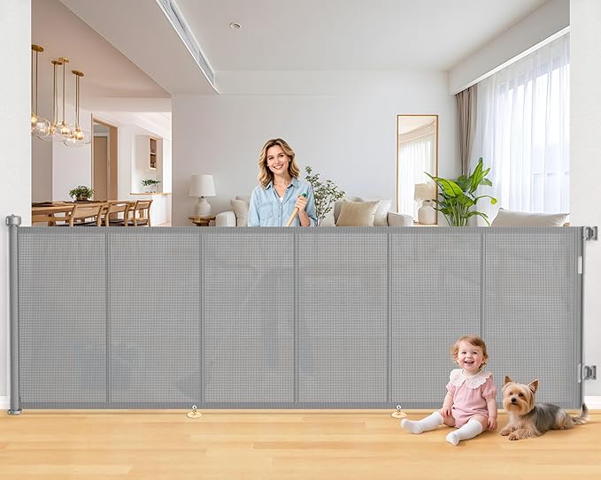 120 Inch Retractable Baby Gates Extra Wide, 41 Inch Reinforced Extra Tall Gate for Large Openings, Mesh Safety Gate for Kids Pets, Retractable Dog Gate for Stair Hallways Doorway Indoor Outdoor, Gray