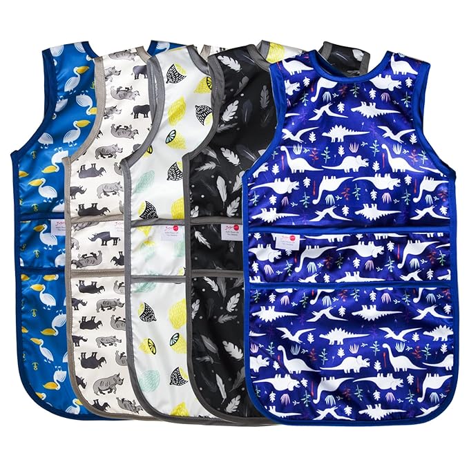 Joyo roy Mess Proof Baby Bibs for Eating Waterproof Toddler Bibs for Boys 2-4 Years Soft Machine Washable Sleeveless Baby Smock Bib Travel Reusable Led Weaning Apron for Feeding Bib with Food Catcher
