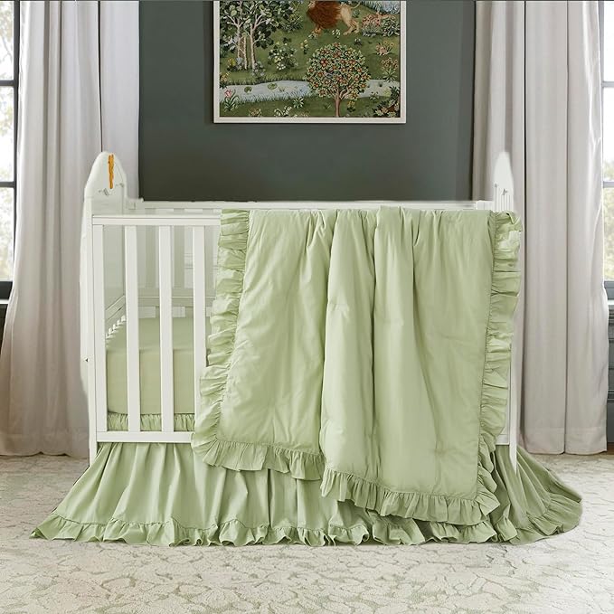 Brandream Farmhouse Crib Bedding Sets for Girls and Boys | 3 Piece Nursery Set Light Green Ruffles | Baby Comforter, Fitted Crib Sheet, Crib Skirt Included,100% Cotton Percale