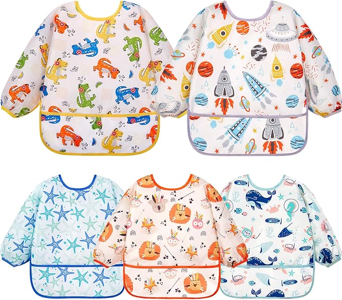 Lictin Long Sleeve Bibs 5 Pack - Baby Bibs, Waterproof Toddler Bibs, Baby Smock for Eating, Baby Bibs for Feeding Teething