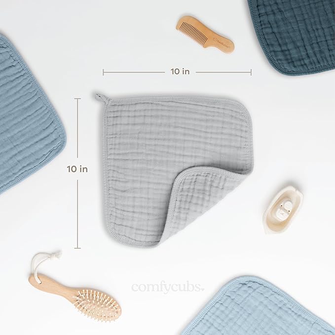 Comfy Cubs Muslin Baby Washcloths 6 Pack - Soft 6-Layer Cotton Wash Cloths for Sensitive Skin - 10"x10" Large, Gentle, Absorbent Infant Essentials for Newborn and Toddlers - Heather Blue