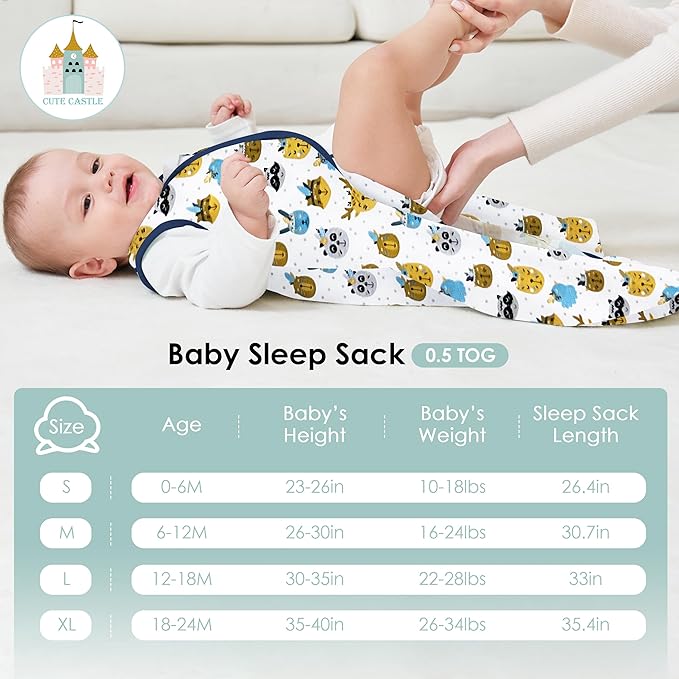 Cute Castle Baby Sleep Sack 18-24 Months - Lightweight 100% Cotton 2-Way Zipper TOG 0.5 Infant Wearable Blanket, Newborn Essentials Toddler Sleep Clothes, 3 Pack(Blue, Balloons, Animals)